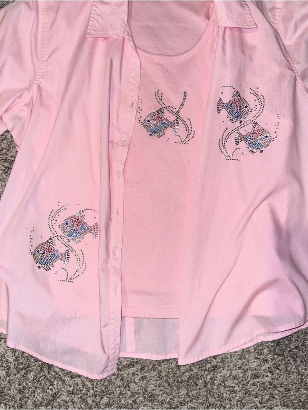 womens Pink Rhinestone Fish Tank Top & Shirt Set